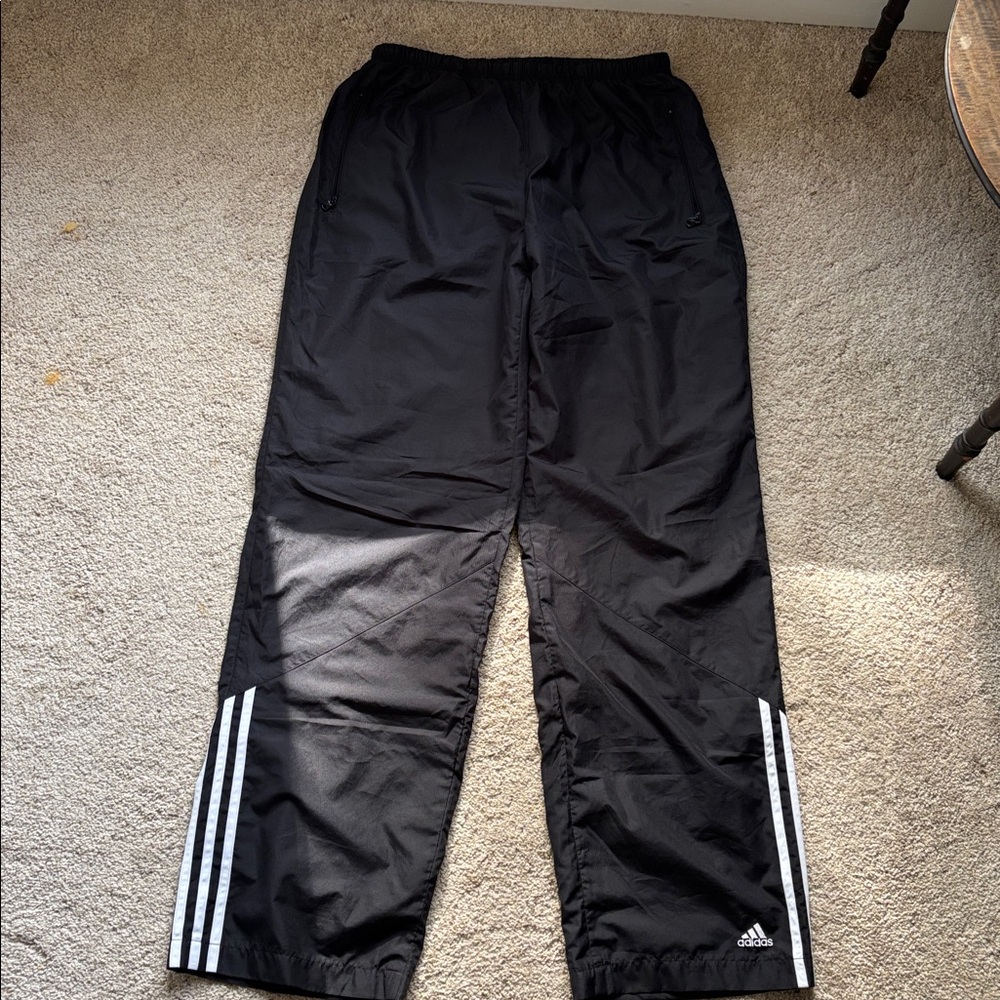 Rare Mens Adidas Black Polyester Track Pants sz L,  Lined w/ Elastic waist